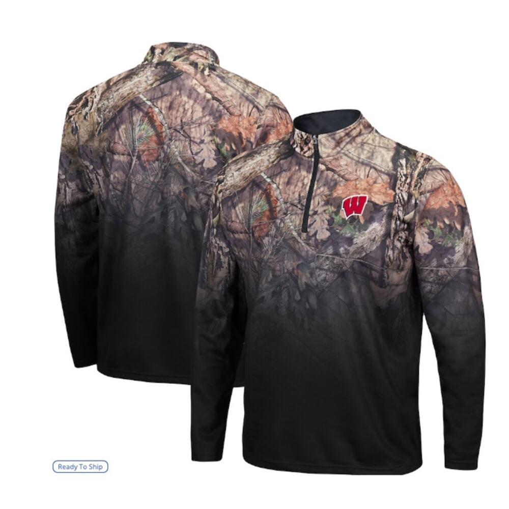 Men's Colosseum Black Wisconsin Badgers Mossy‎ Oak Quarter-Zip Jacket, XL